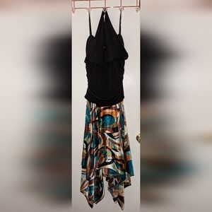 AGB Dress black ruched bodice & abstract print handkerchief hem